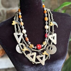 Multicolor Beaded Geometric Claw Statement Necklace